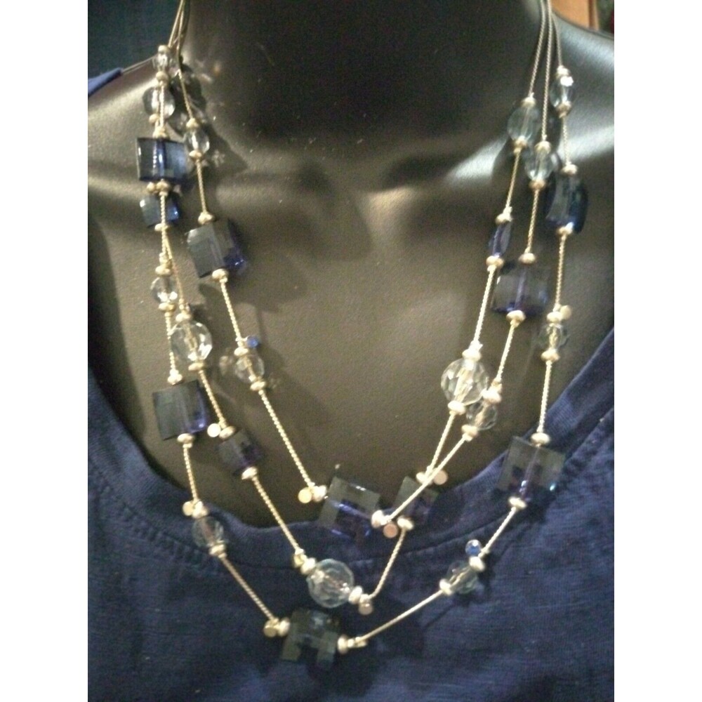 FABULOUS BEADED MULTI LAYER SILVER TONE CHAIN NECKLACE W BLUE BEADS